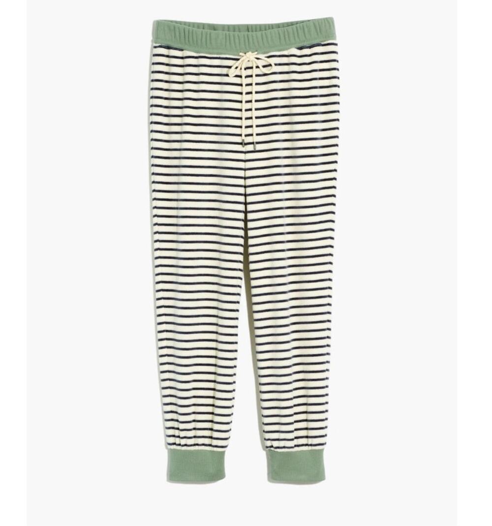 Madewell MWL Womens Velour Slim Jogger Pants Large Green Stripe Loungewear